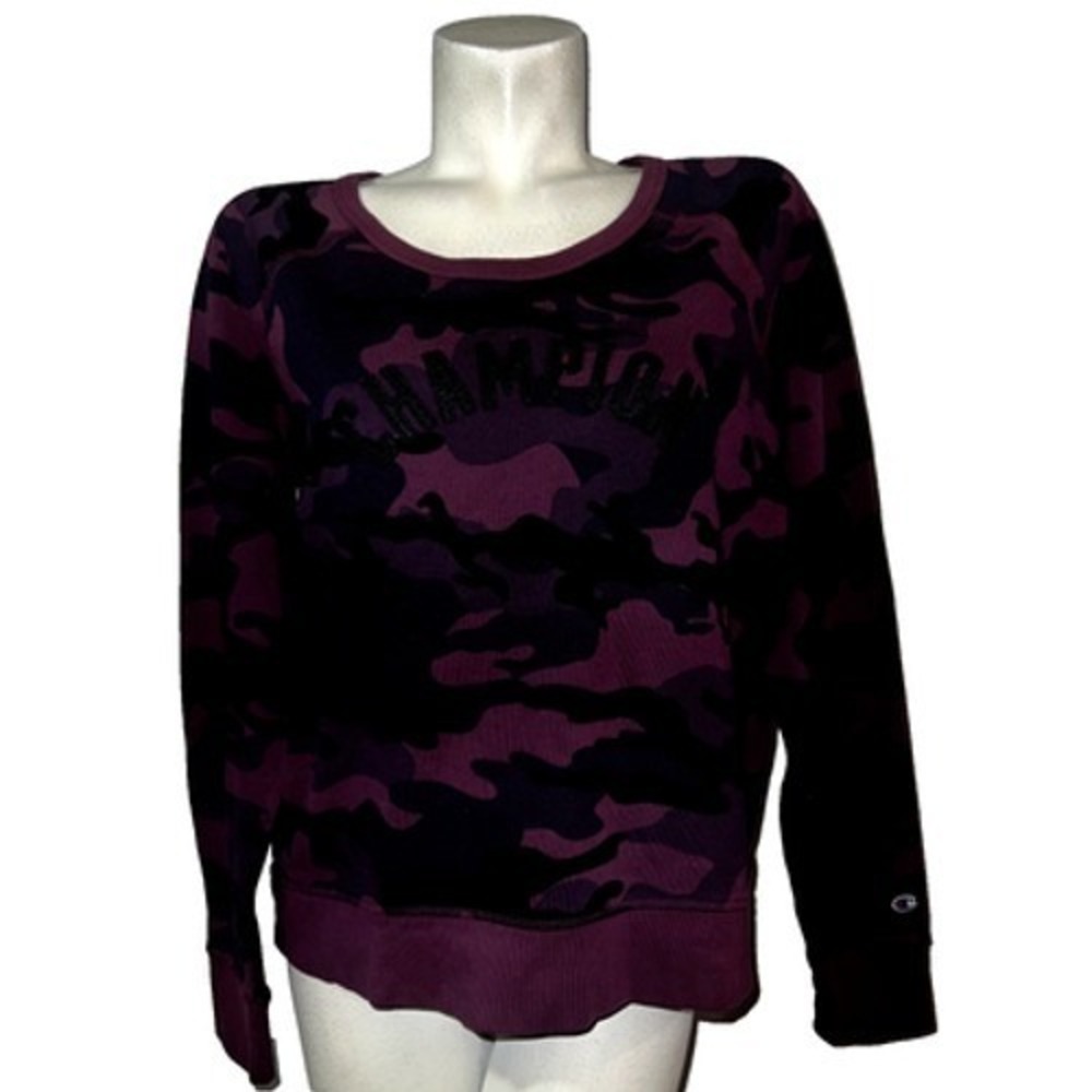 Champion Camo Sweatshirt Cranberry Black Crew Neck Pullover Athletic Women's M